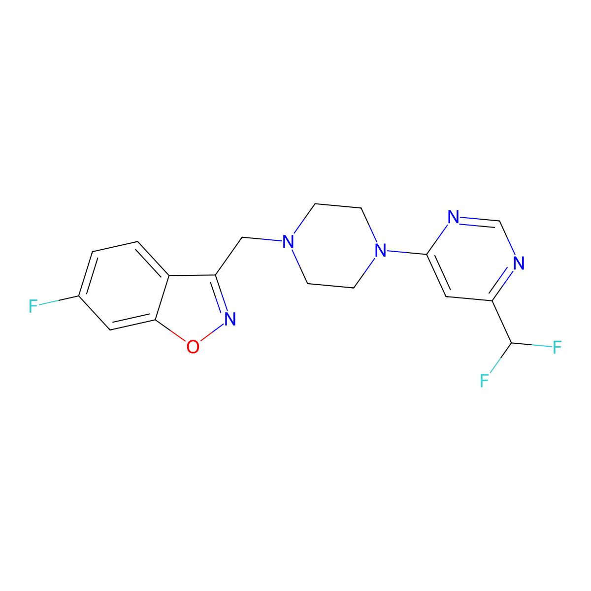 3-({4-[6-(Difluoromethyl)pyrimidin-4-yl]piperazin-1-yl}methyl)-6-fluoro-1,2-benzoxazole molecular structure, CAS 3030849-23-8