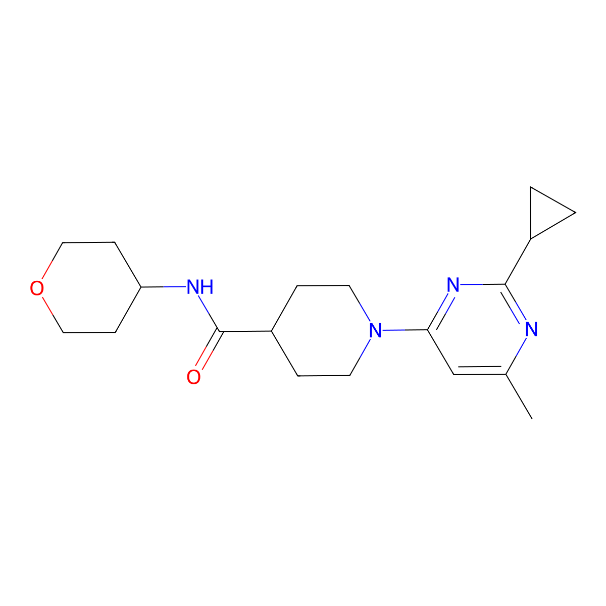 1-(2-cyclopropyl-6-methylpyrimidin-4-yl)-N-(oxan-4-yl)piperidine-4-carboxamide molecular structure, CAS 3030849-24-9