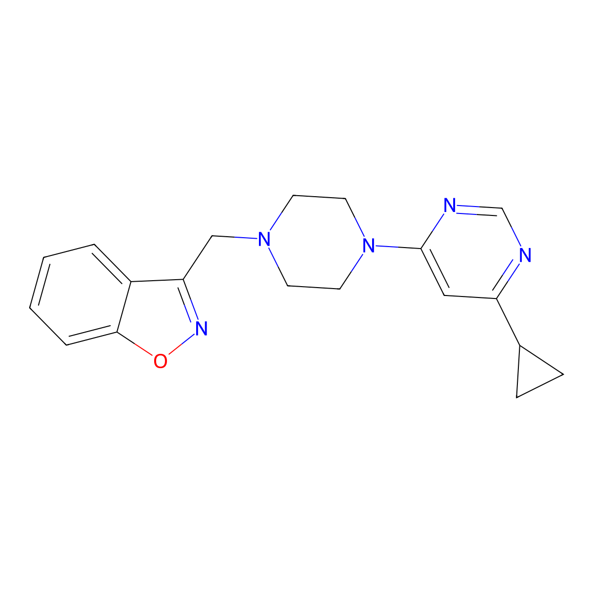3-{[4-(6-Cyclopropylpyrimidin-4-yl)piperazin-1-yl]methyl}-1,2-benzoxazole molecular structure, CAS 3030849-48-7