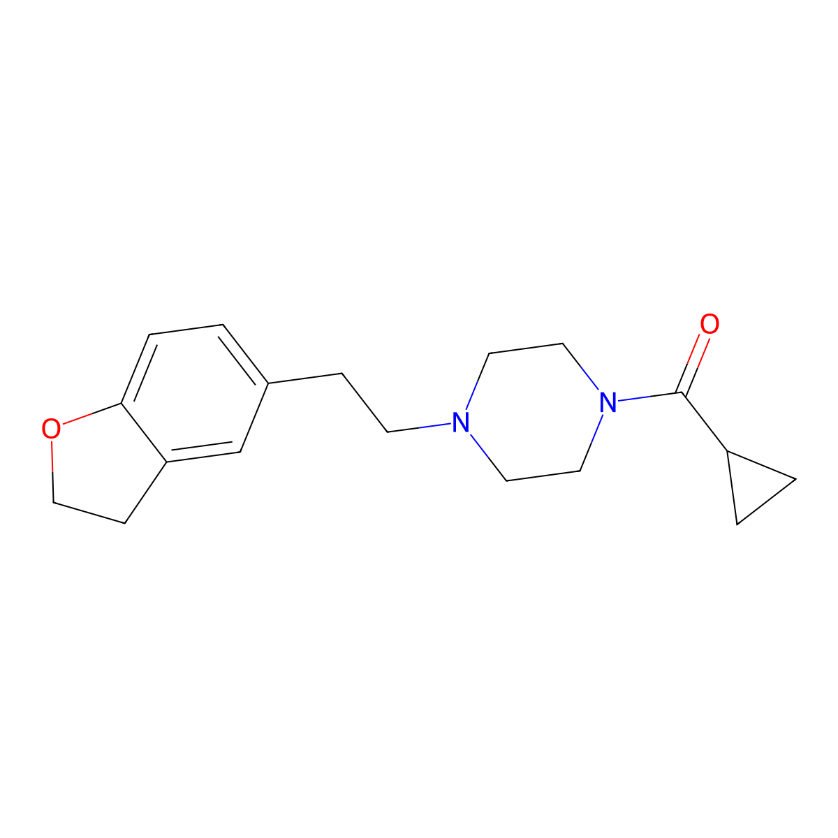 1-Cyclopropanecarbonyl-4-[2-(2,3-dihydro-1-benzofuran-5-yl)ethyl]piperazine molecular structure, CAS 3030849-67-0