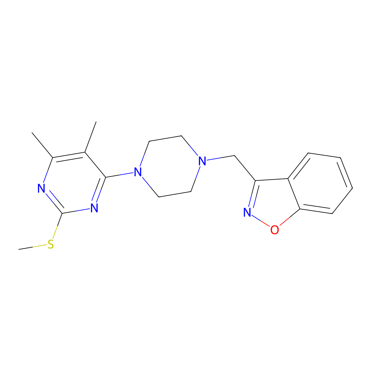 3-({4-[5,6-Dimethyl-2-(methylsulfanyl)pyrimidin-4-yl]piperazin-1-yl}methyl)-1,2-benzoxazole molecular structure, CAS 3030849-92-1