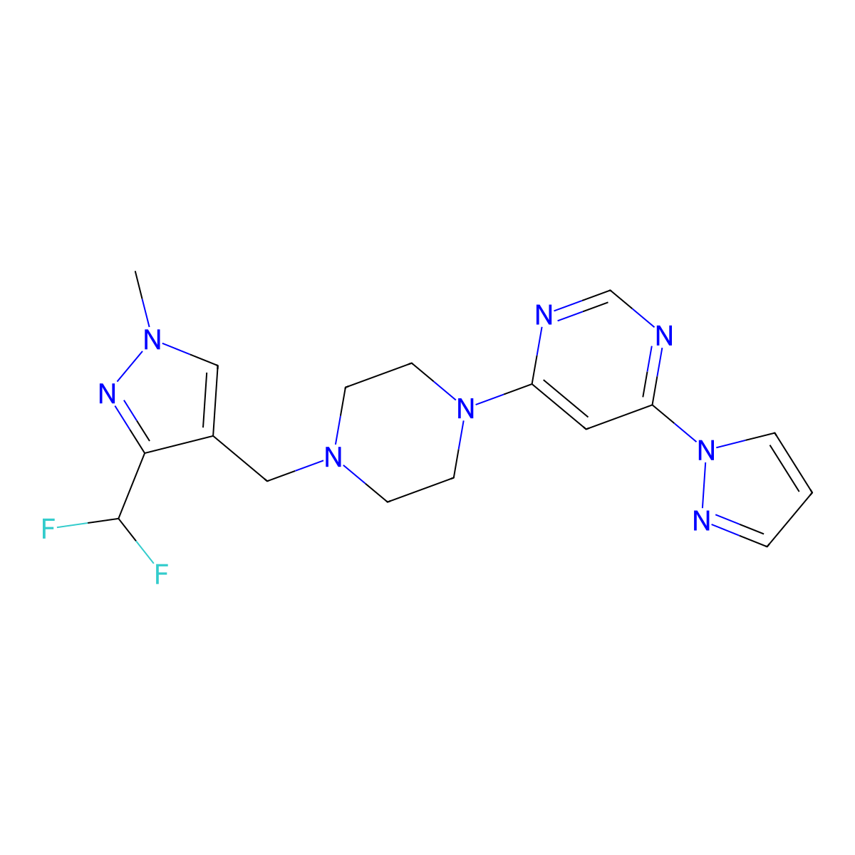 4-(4-{[3-(difluoromethyl)-1-methyl-1H-pyrazol-4-yl]methyl}piperazin-1-yl)-6-(1H-pyrazol-1-yl)pyrimidine molecular structure, CAS 3030850-07-5