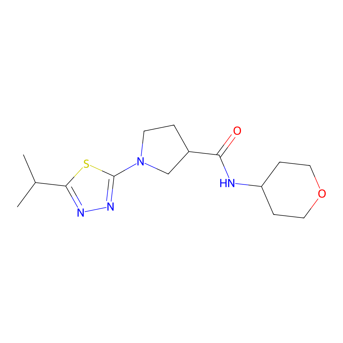 N-(oxan-4-yl)-1-[5-(propan-2-yl)-1,3,4-thiadiazol-2-yl]pyrrolidine-3-carboxamide molecular structure, CAS 3030850-34-8