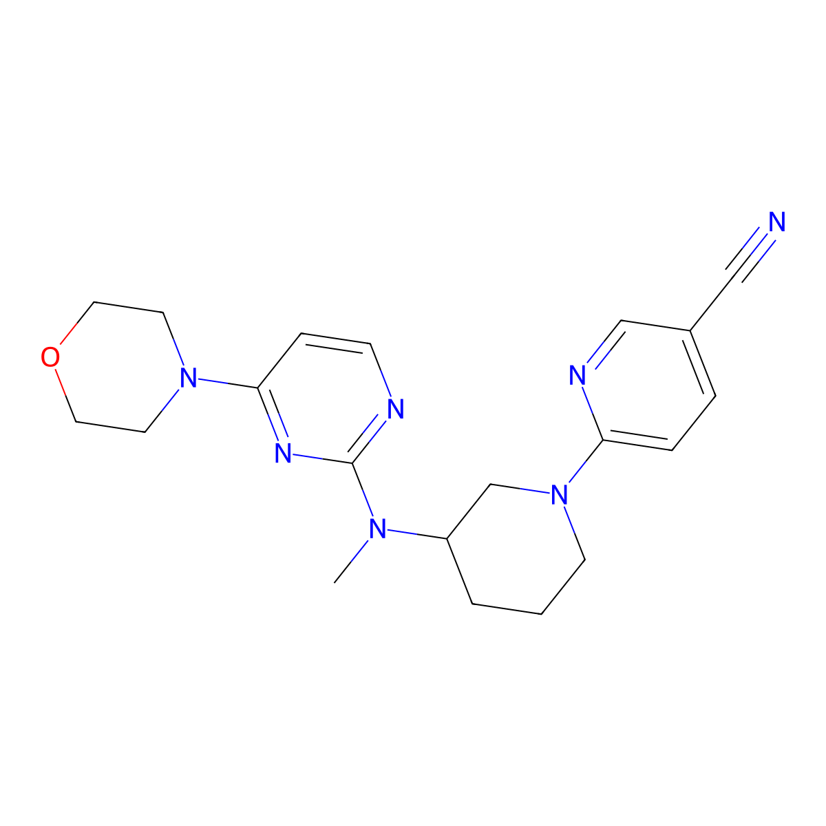 6-(3-{Methyl[4-(morpholin-4-yl)pyrimidin-2-yl]amino}piperidin-1-yl)pyridine-3-carbonitrile molecular structure, CAS 3030850-38-2