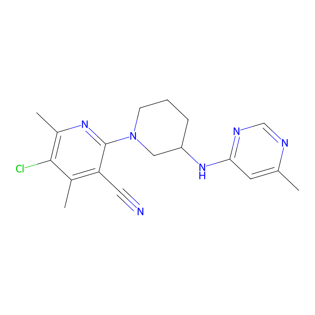 5-Chloro-4,6-dimethyl-2-{3-[(6-methylpyrimidin-4-yl)amino]piperidin-1-yl}pyridine-3-carbonitrile molecular structure, CAS 3030850-83-7