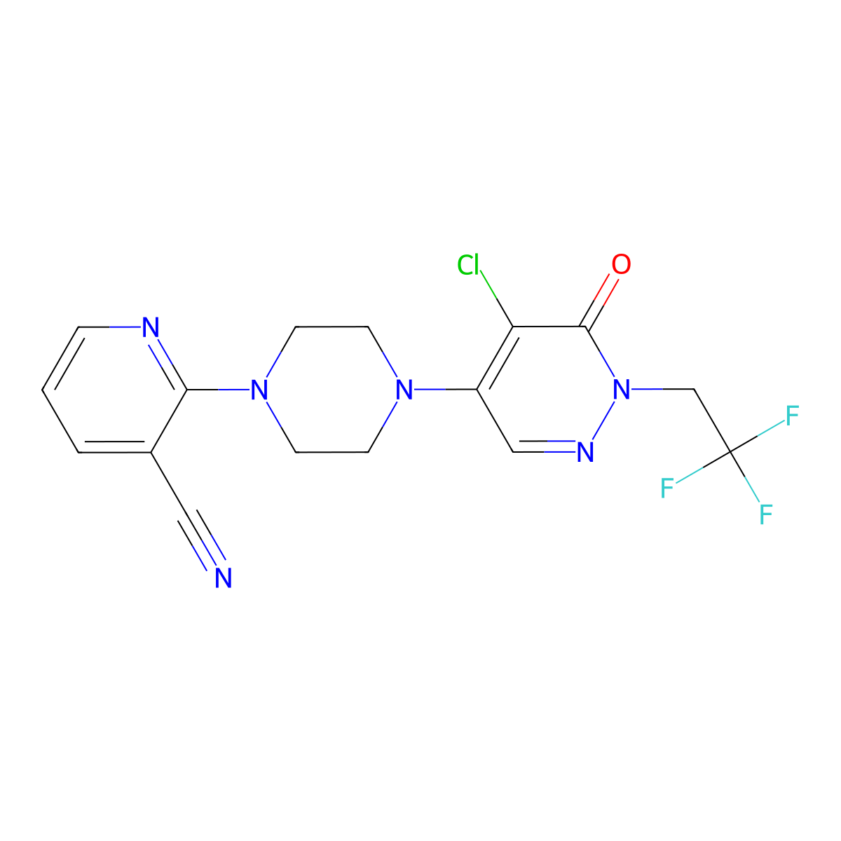 2-{4-[5-Chloro-6-oxo-1-(2,2,2-trifluoroethyl)-1,6-dihydropyridazin-4-yl]piperazin-1-yl}pyridine-3-carbonitrile molecular structure, CAS 3030850-84-8
