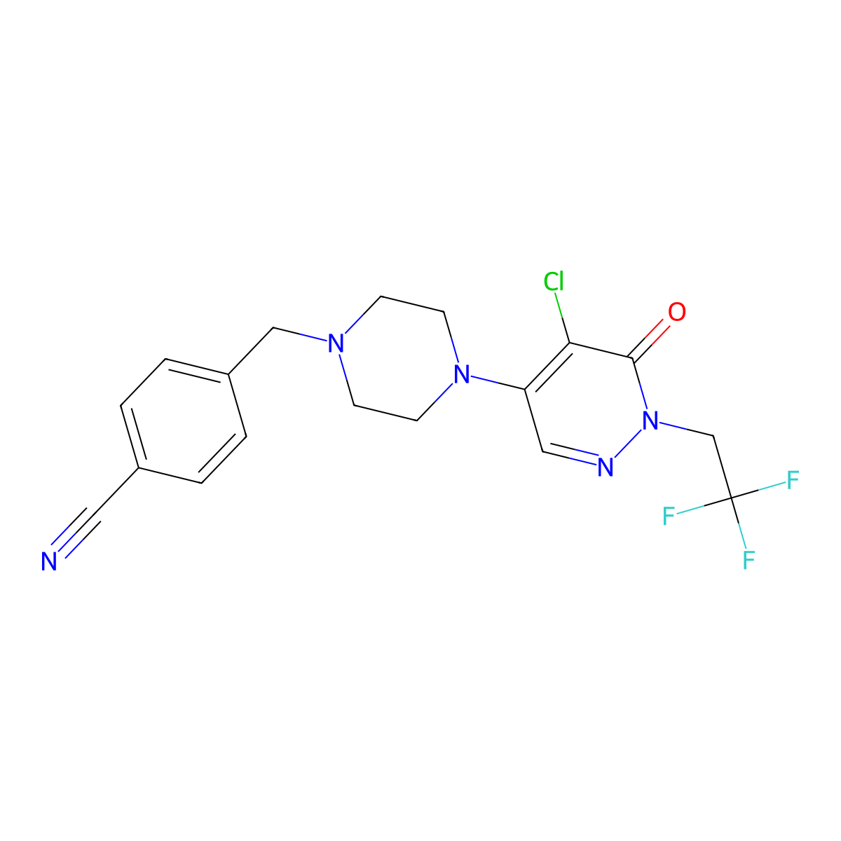 4-[[4-[5-Chloro6-oxo-1-(2,2,2-trifluoroethyl)pyridazin-4-yl]piperazin-1-yl]methyl]benzonitrile molecular structure, CAS 3030850-93-9