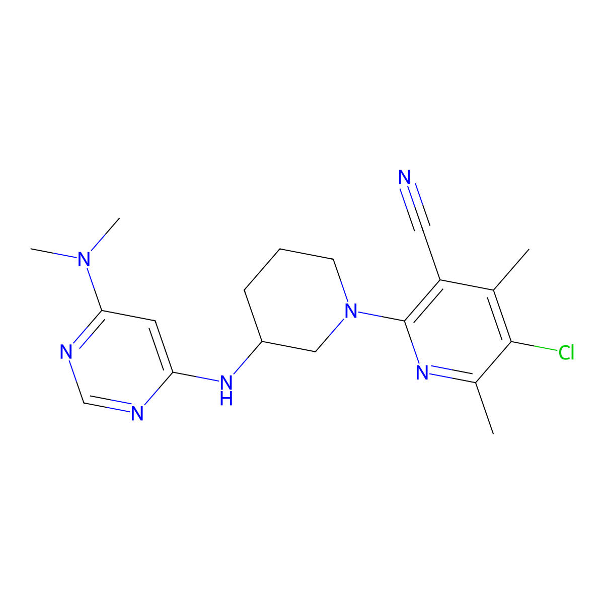 5-Chloro-2-(3-{[6-(dimethylamino)pyrimidin-4-yl]amino}piperidin-1-yl)-4,6-dimethylpyridine-3-carbonitrile molecular structure, CAS 3030851-06-7