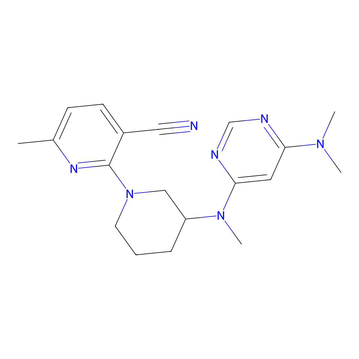 2-(3-{[6-(Dimethylamino)pyrimidin-4-yl](methyl)amino}piperidin-1-yl)-6-methylpyridine-3-carbonitrile molecular structure, CAS 3030851-10-3