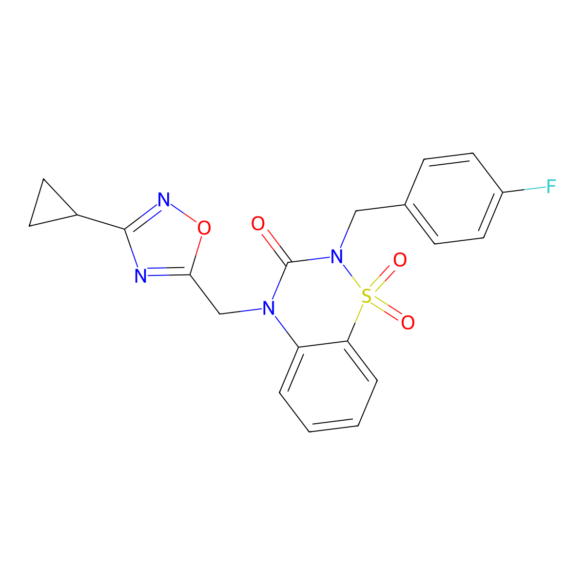 4-[(3-cyclopropyl-1,2,4-oxadiazol-5-yl)methyl]-2-[(4-fluorophenyl)methyl]-3,4-dihydro-2H-1lambda,2,4-benzothiadiazine-1,1,3-trione molecular structure, CAS 3030858-18-2