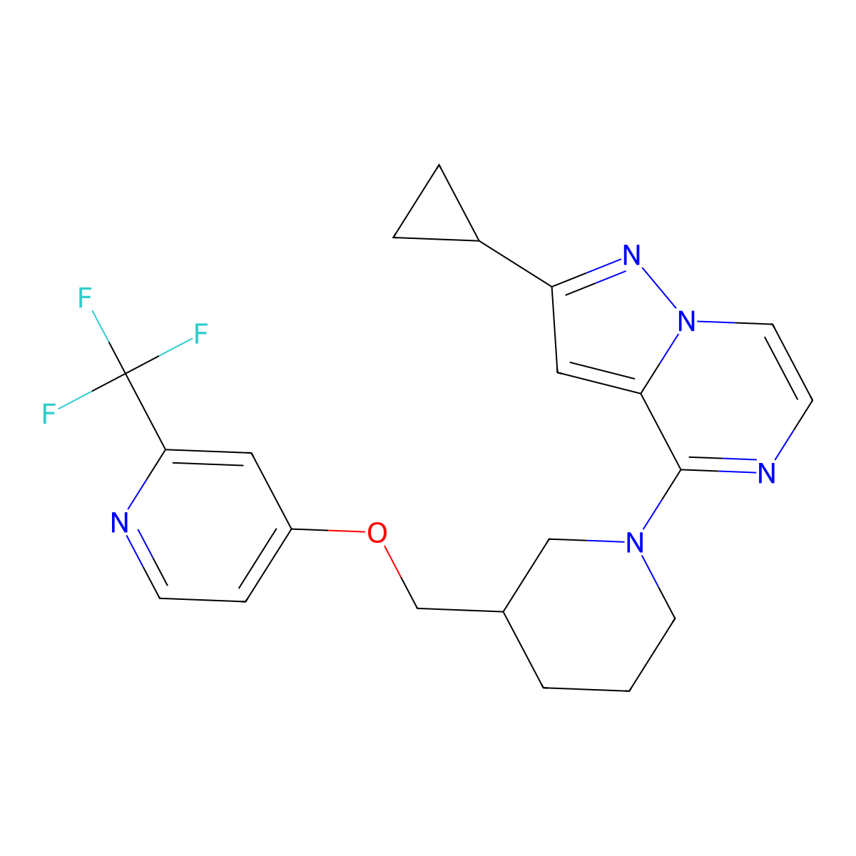 2-Cyclopropyl-4-[3-[[2-(trifluoromethyl)pyridin-4-yl]oxymethyl]piperidin-1-yl]pyrazolo[1,5-a]pyrazine molecular structure, CAS 3030863-17-0