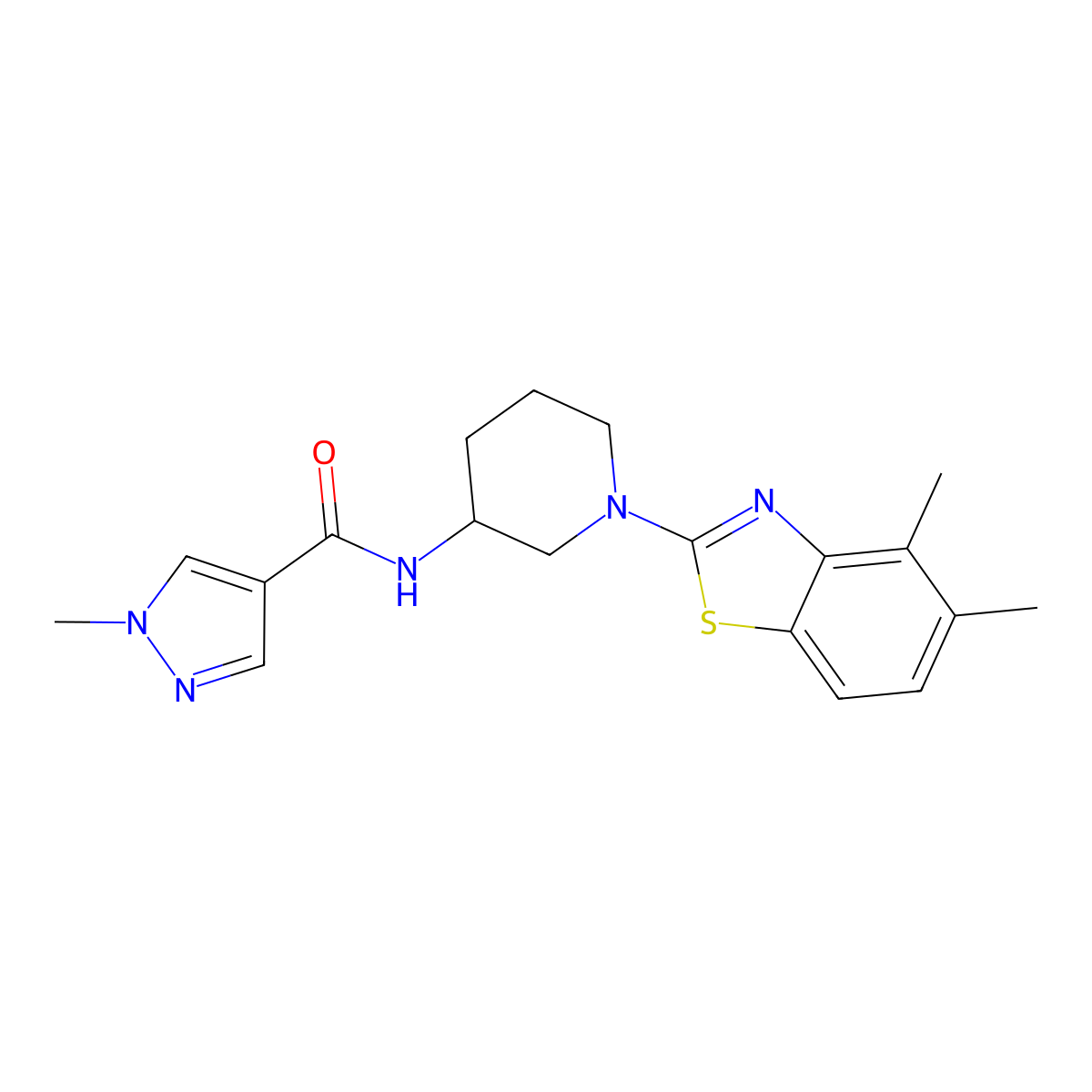 N-[1-(4,5-dimethyl-1,3-benzothiazol-2-yl)piperidin-3-yl]-1-methyl-1H-pyrazole-4-carboxamide molecular structure, CAS 3030863-96-5
