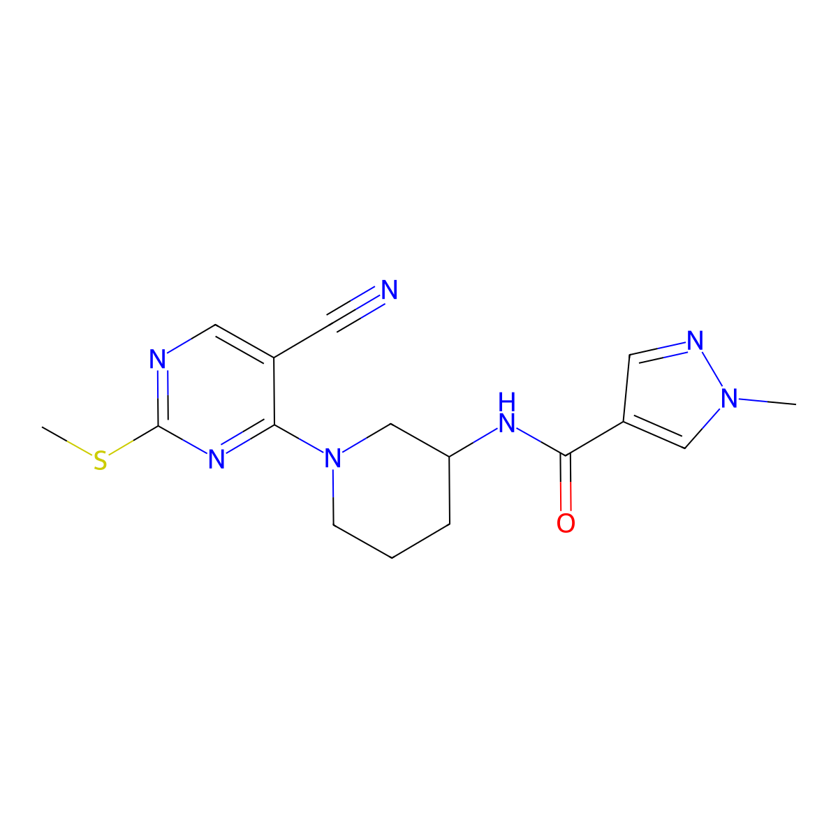 N-{1-[5-cyano-2-(methylsulfanyl)pyrimidin-4-yl]piperidin-3-yl}-1-methyl-1H-pyrazole-4-carboxamide molecular structure, CAS 3030864-08-2