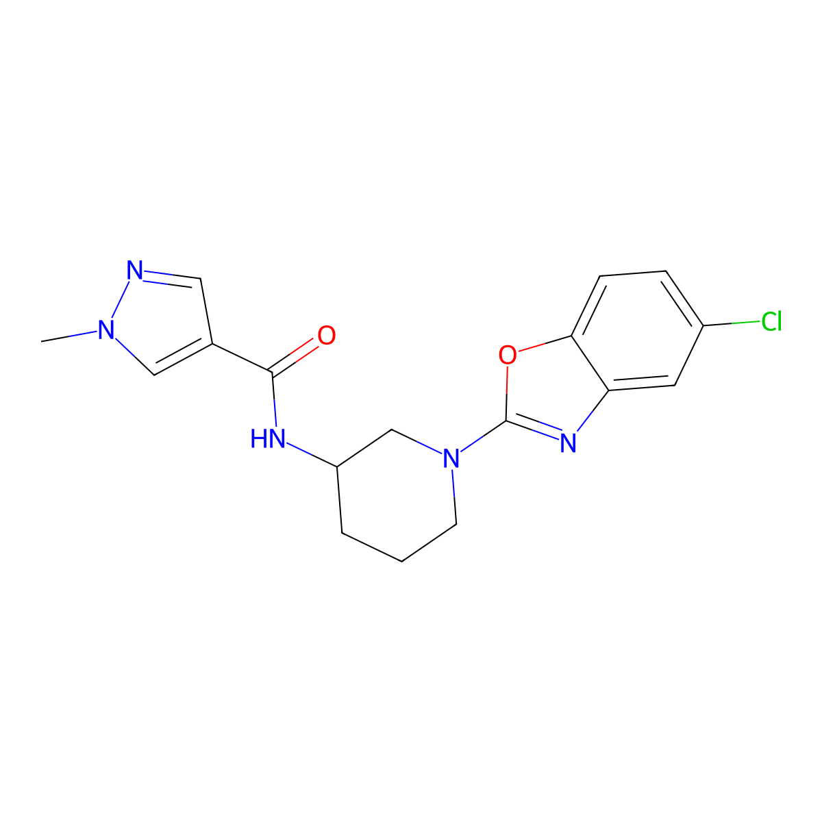 N-[1-(5-chloro-1,3-benzoxazol-2-yl)piperidin-3-yl]-1-methyl-1H-pyrazole-4-carboxamide molecular structure, CAS 3030864-16-2