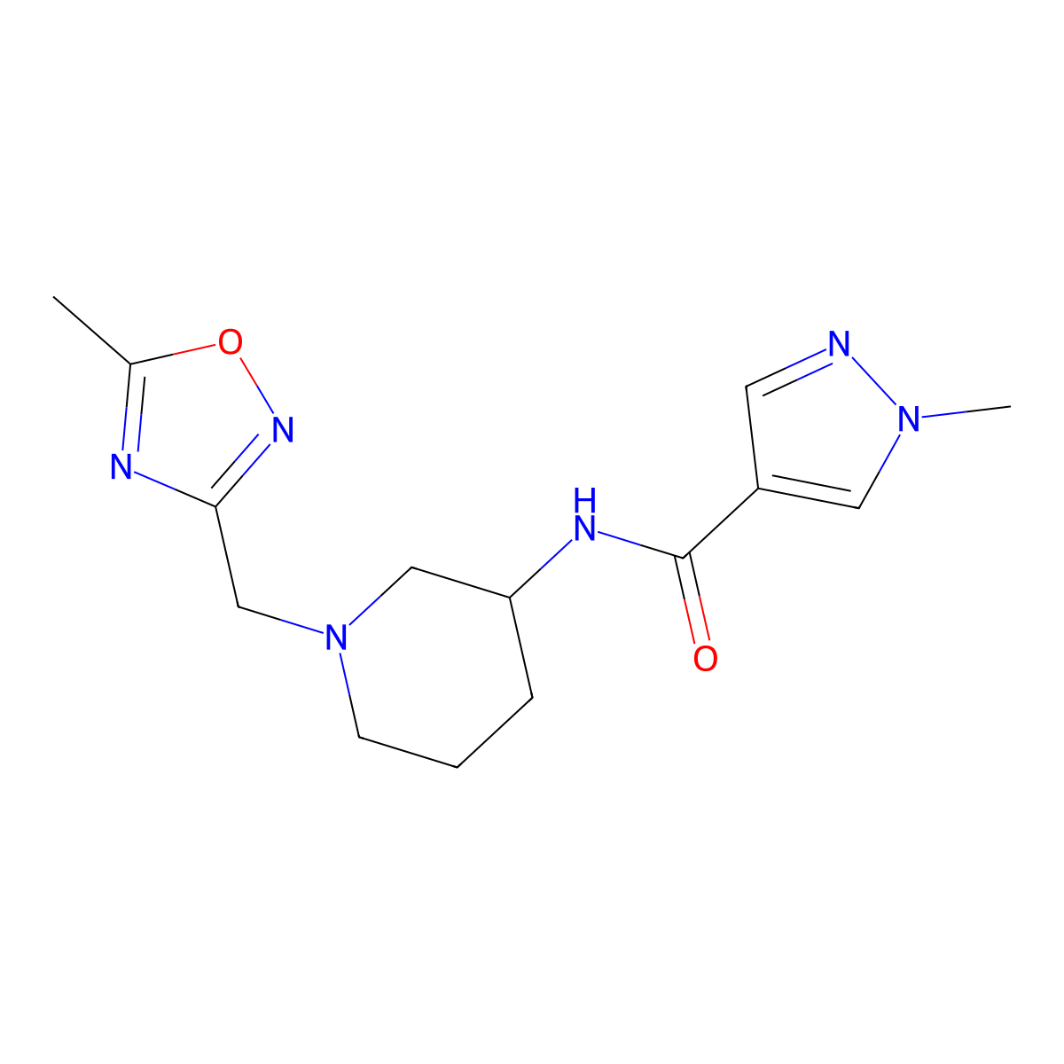 1-methyl-N-{1-[(5-methyl-1,2,4-oxadiazol-3-yl)methyl]piperidin-3-yl}-1H-pyrazole-4-carboxamide molecular structure, CAS 3030864-36-6