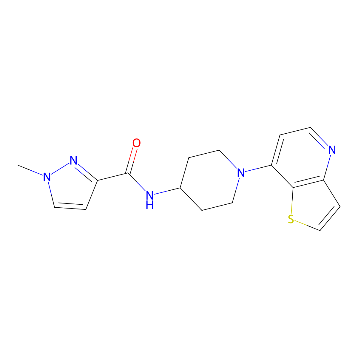 1-methyl-N-(1-{thieno[3,2-b]pyridin-7-yl}piperidin-4-yl)-1H-pyrazole-3-carboxamide molecular structure, CAS 3030864-52-6
