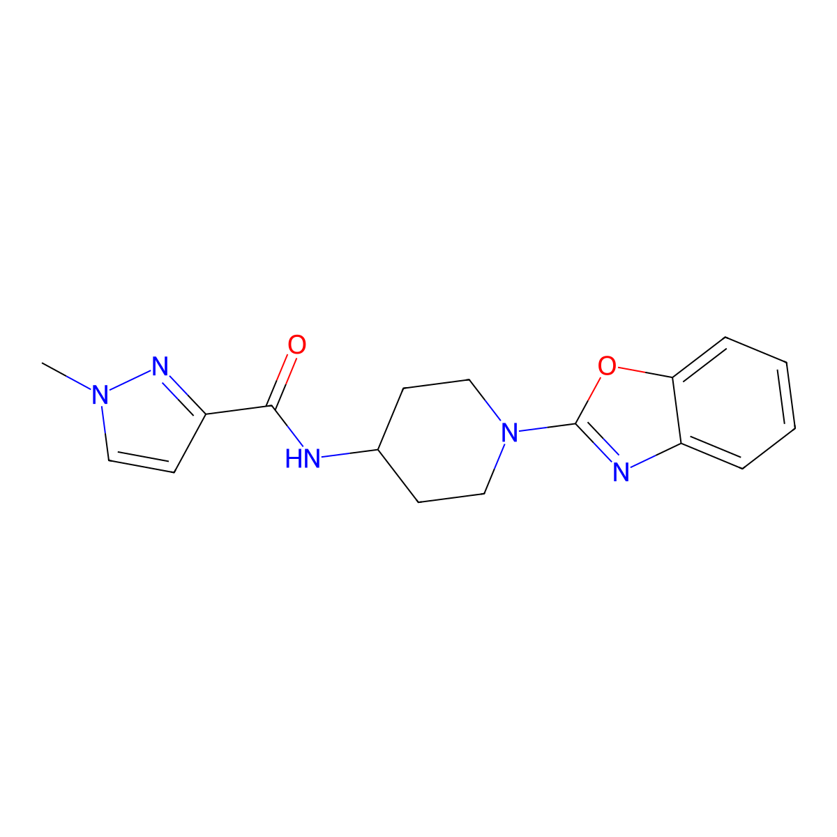 N-[1-(1,3-benzoxazol-2-yl)piperidin-4-yl]-1-methyl-1H-pyrazole-3-carboxamide molecular structure, CAS 3030864-59-3