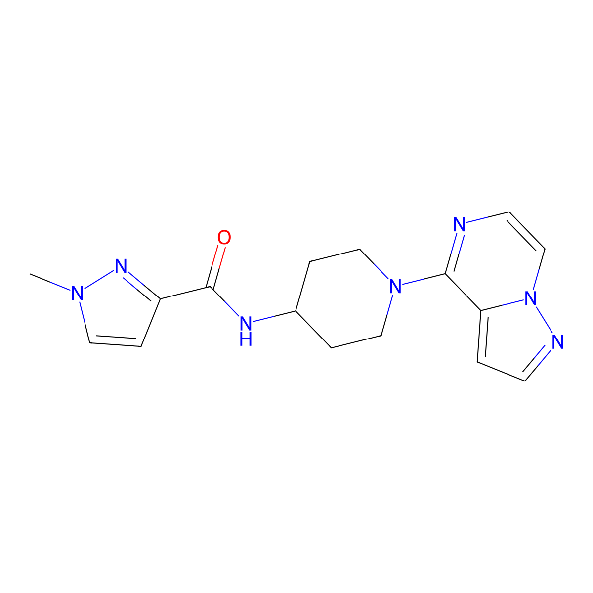 1-methyl-N-(1-{pyrazolo[1,5-a]pyrazin-4-yl}piperidin-4-yl)-1H-pyrazole-3-carboxamide molecular structure, CAS 3030864-94-6