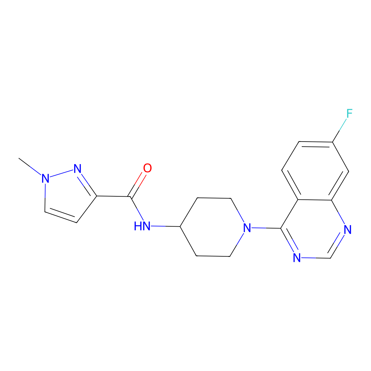 N-[1-(7-fluoroquinazolin-4-yl)piperidin-4-yl]-1-methyl-1H-pyrazole-3-carboxamide molecular structure, CAS 3030865-36-9