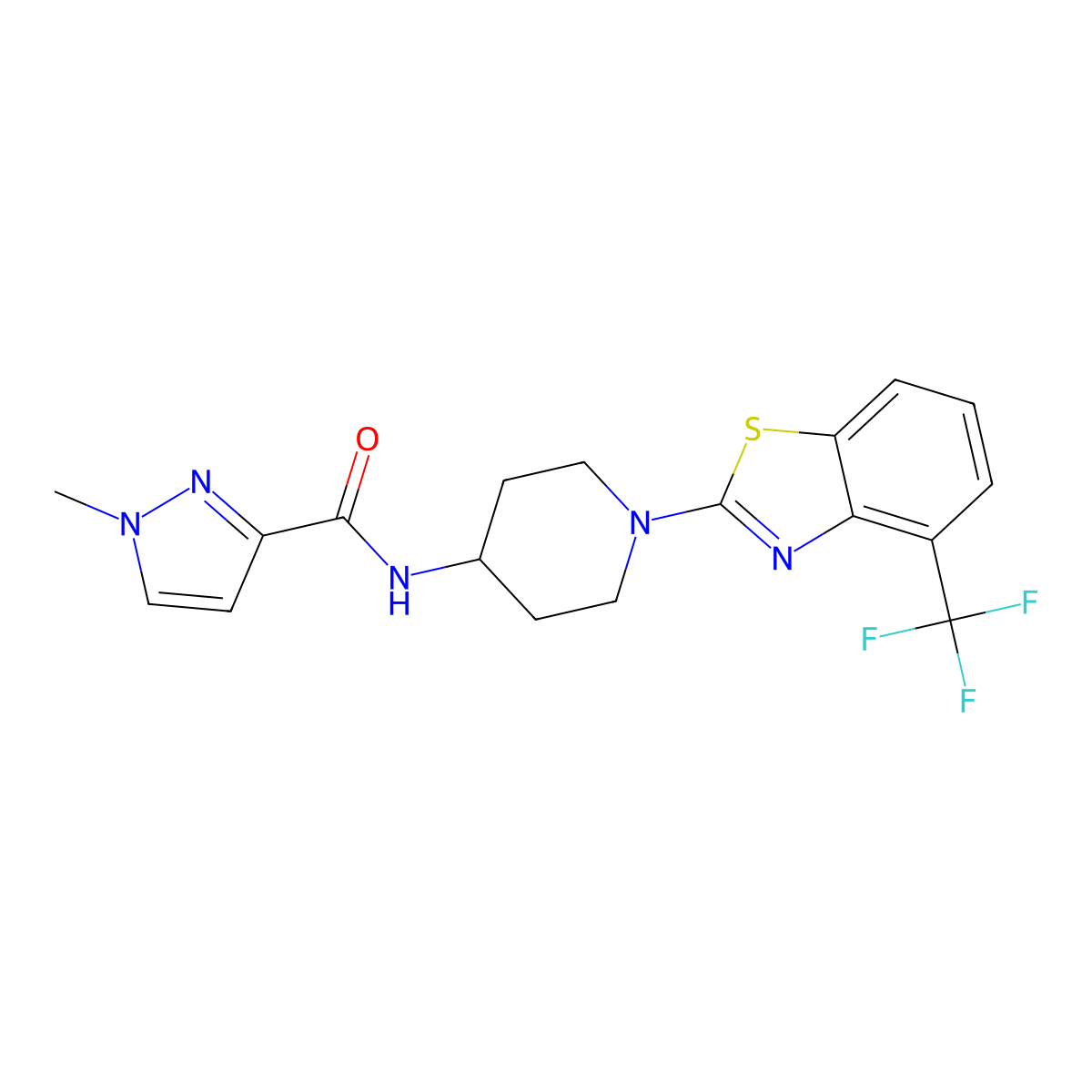 1-methyl-N-{1-[4-(trifluoromethyl)-1,3-benzothiazol-2-yl]piperidin-4-yl}-1H-pyrazole-3-carboxamide molecular structure, CAS 3030865-47-2