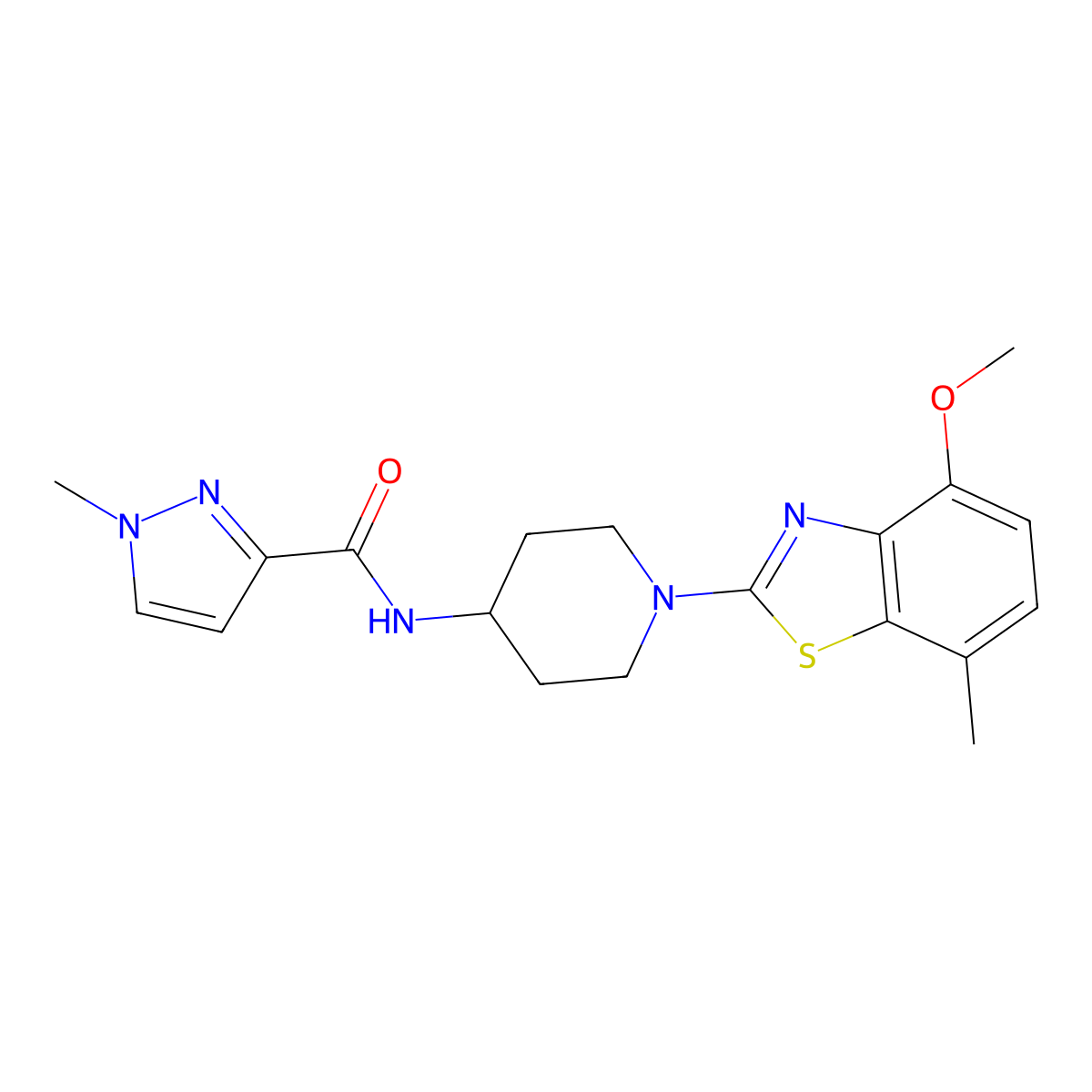 N-[1-(4-methoxy-7-methyl-1,3-benzothiazol-2-yl)piperidin-4-yl]-1-methyl-1H-pyrazole-3-carboxamide molecular structure, CAS 3030865-60-9
