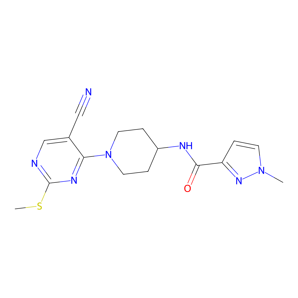 N-{1-[5-cyano-2-(methylsulfanyl)pyrimidin-4-yl]piperidin-4-yl}-1-methyl-1H-pyrazole-3-carboxamide molecular structure, CAS 3030865-79-0