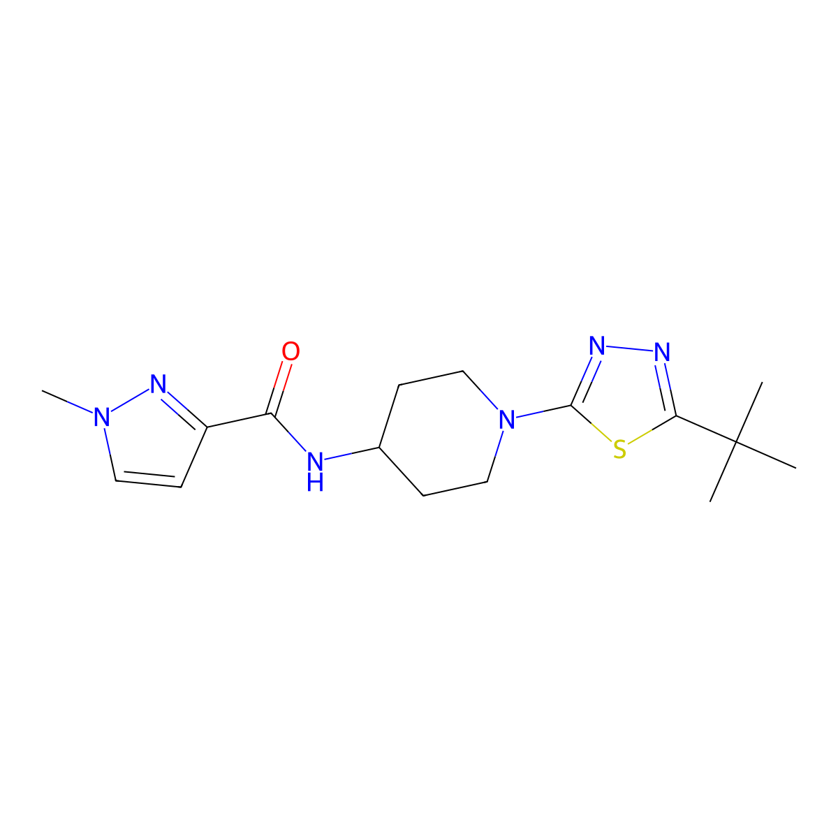 N-[1-(5-tert-butyl-1,3,4-thiadiazol-2-yl)piperidin-4-yl]-1-methyl-1H-pyrazole-3-carboxamide molecular structure, CAS 3030865-90-5