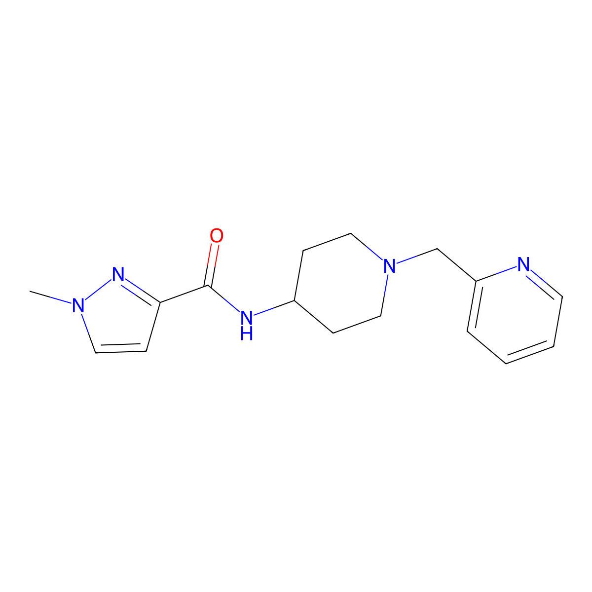 1-methyl-N-{1-[(pyridin-2-yl)methyl]piperidin-4-yl}-1H-pyrazole-3-carboxamide molecular structure, CAS 3030865-97-2