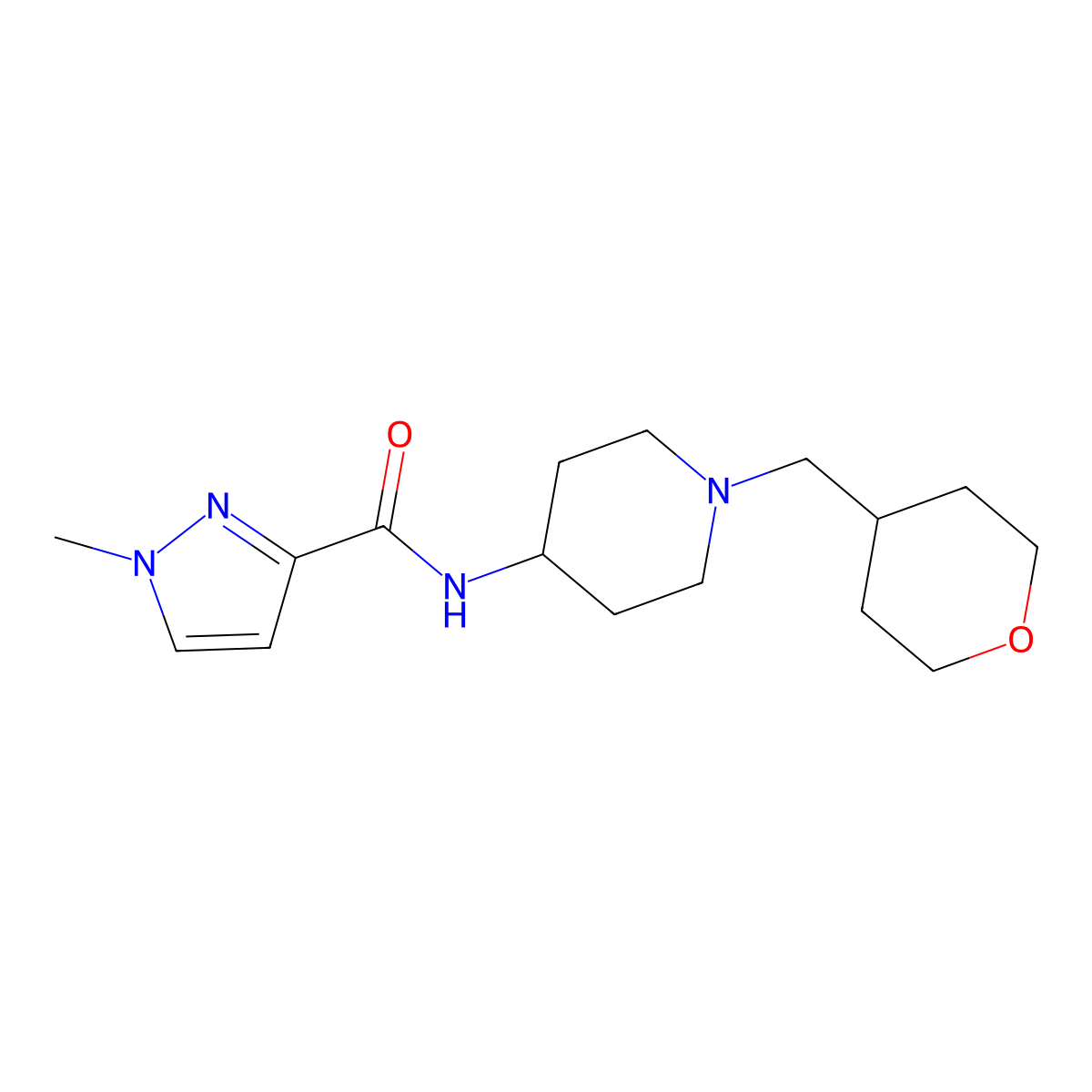 1-methyl-N-{1-[(oxan-4-yl)methyl]piperidin-4-yl}-1H-pyrazole-3-carboxamide molecular structure, CAS 3030866-03-3
