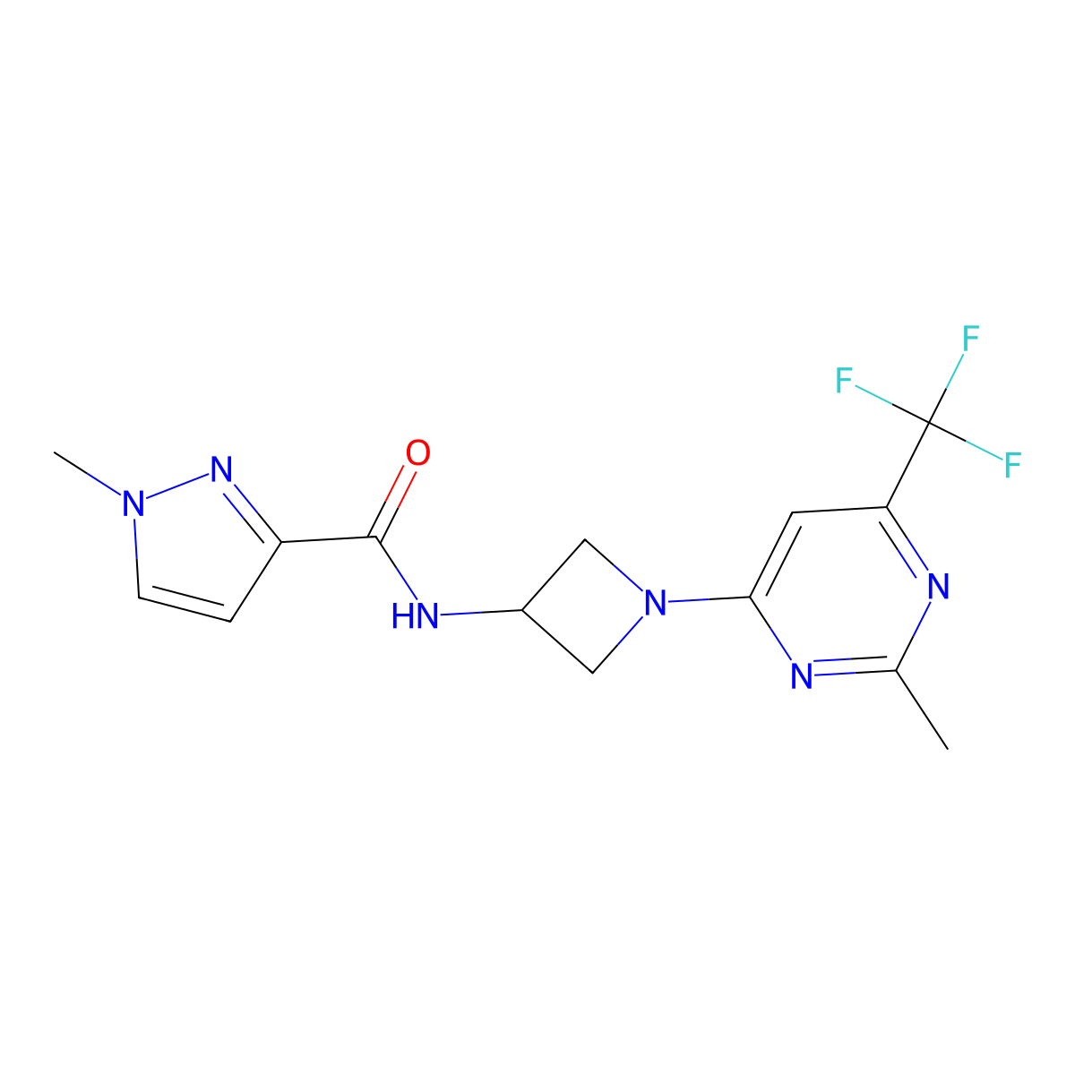 1-methyl-N-{1-[2-methyl-6-(trifluoromethyl)pyrimidin-4-yl]azetidin-3-yl}-1H-pyrazole-3-carboxamide molecular structure, CAS 3030866-18-0