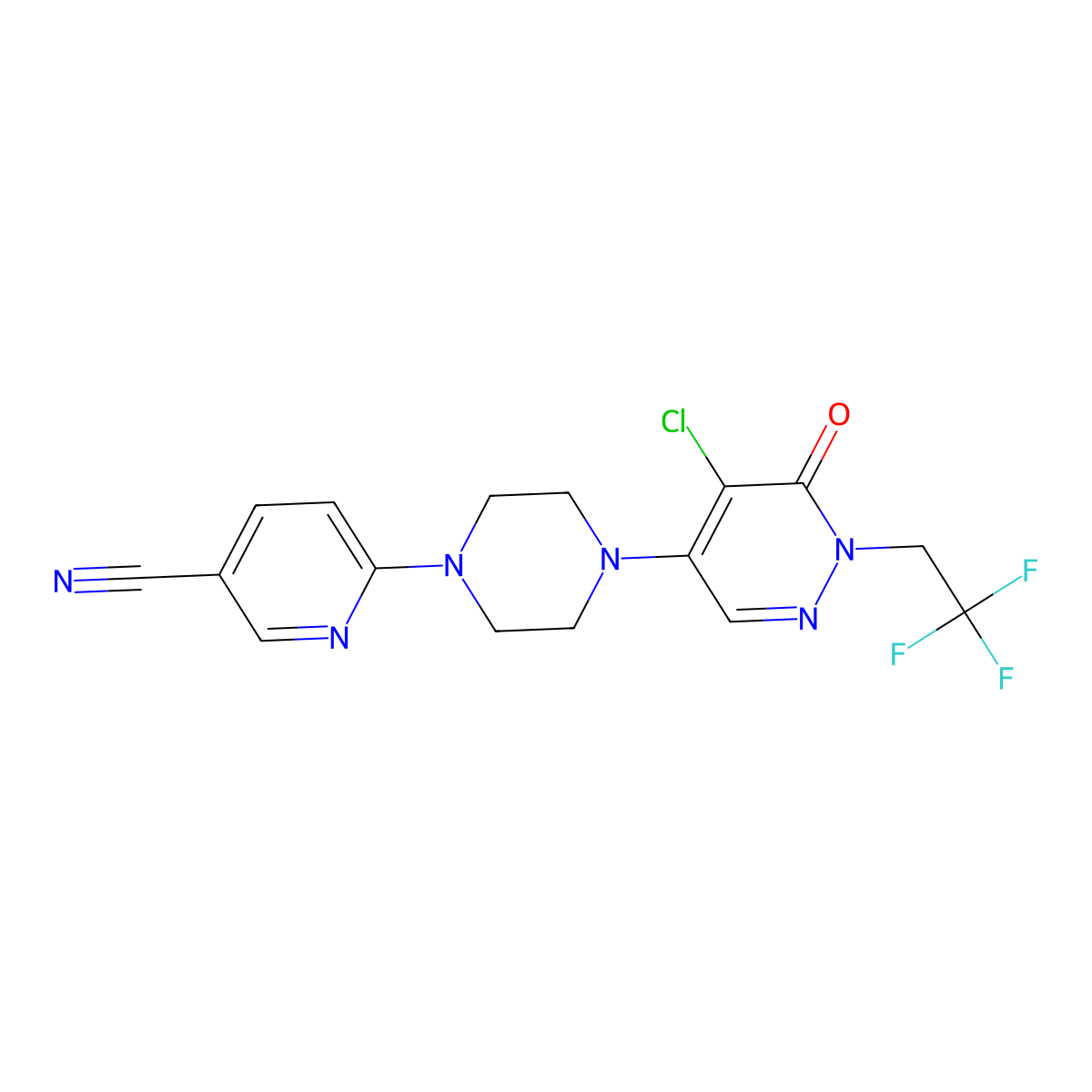 6-{4-[5-Chloro-6-oxo-1-(2,2,2-trifluoroethyl)-1,6-dihydropyridazin-4-yl]piperazin-1-yl}pyridine-3-carbonitrile molecular structure, CAS 3030866-23-7