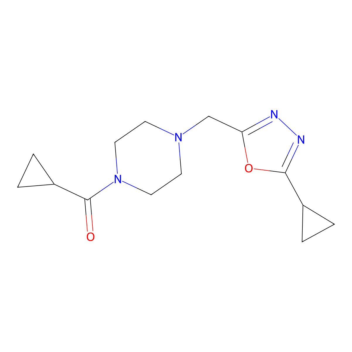 1-Cyclopropanecarbonyl-4-[(5-cyclopropyl-1,3,4-oxadiazol-2-yl)methyl]piperazine molecular structure, CAS 3030866-33-9