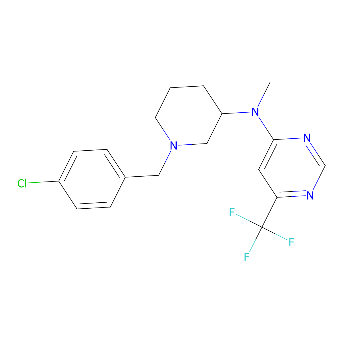 N-{1-[(4-chlorophenyl)methyl]piperidin-3-yl}-N-methyl-6-(trifluoromethyl)pyrimidin-4-amine molecular structure, CAS 3030867-00-3
