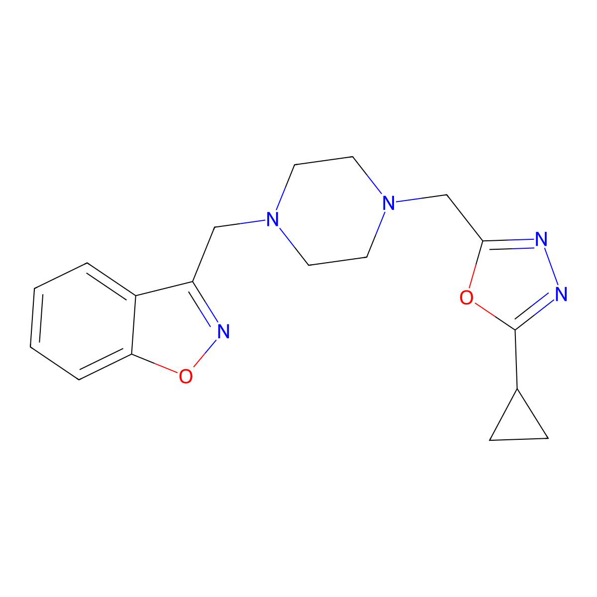 3-({4-[(5-Cyclopropyl-1,3,4-oxadiazol-2-yl)methyl]piperazin-1-yl}methyl)-1,2-benzoxazole molecular structure, CAS 3030867-57-0