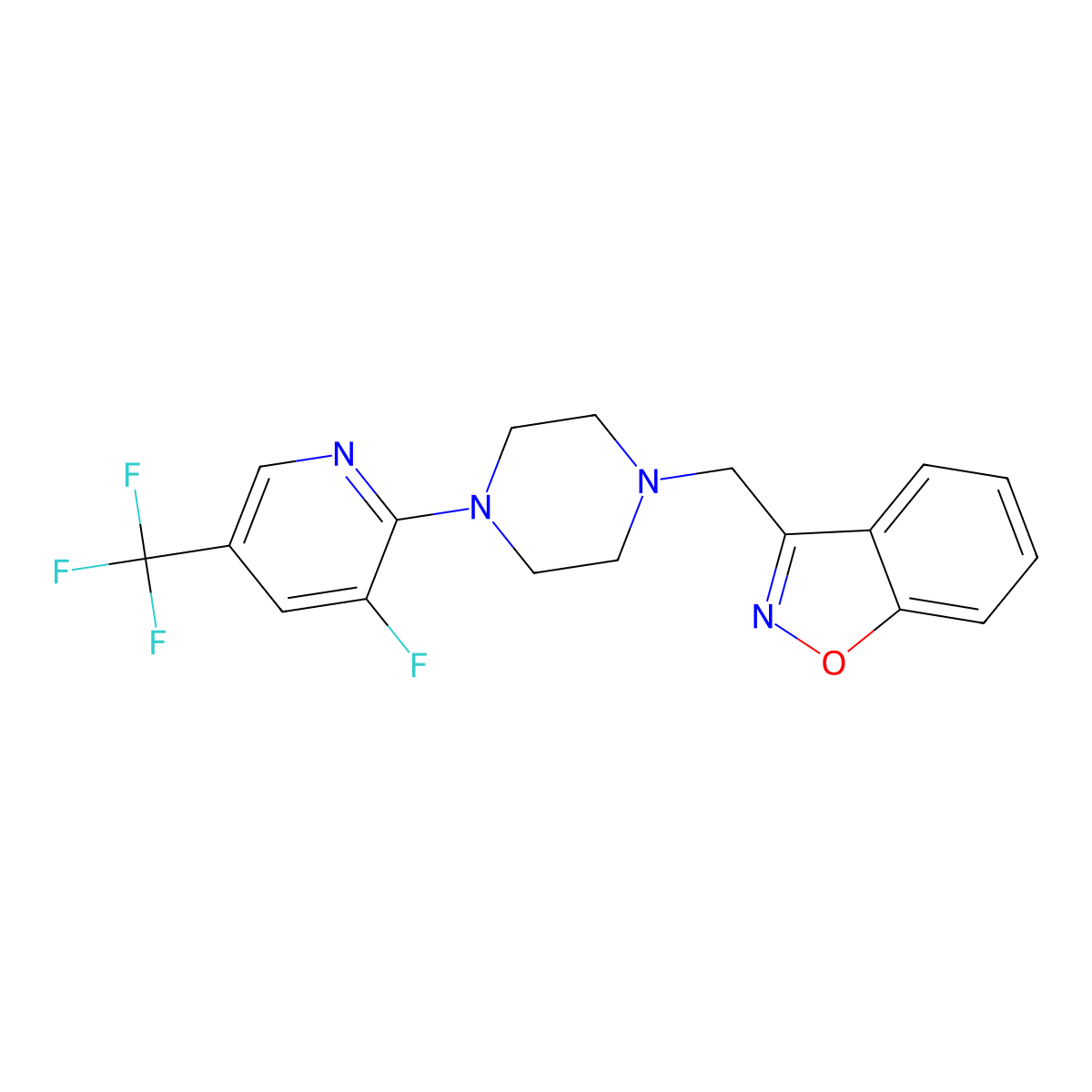 3-({4-[3-Fluoro-5-(trifluoromethyl)pyridin-2-yl]piperazin-1-yl}methyl)-1,2-benzoxazole molecular structure, CAS 3030867-90-1