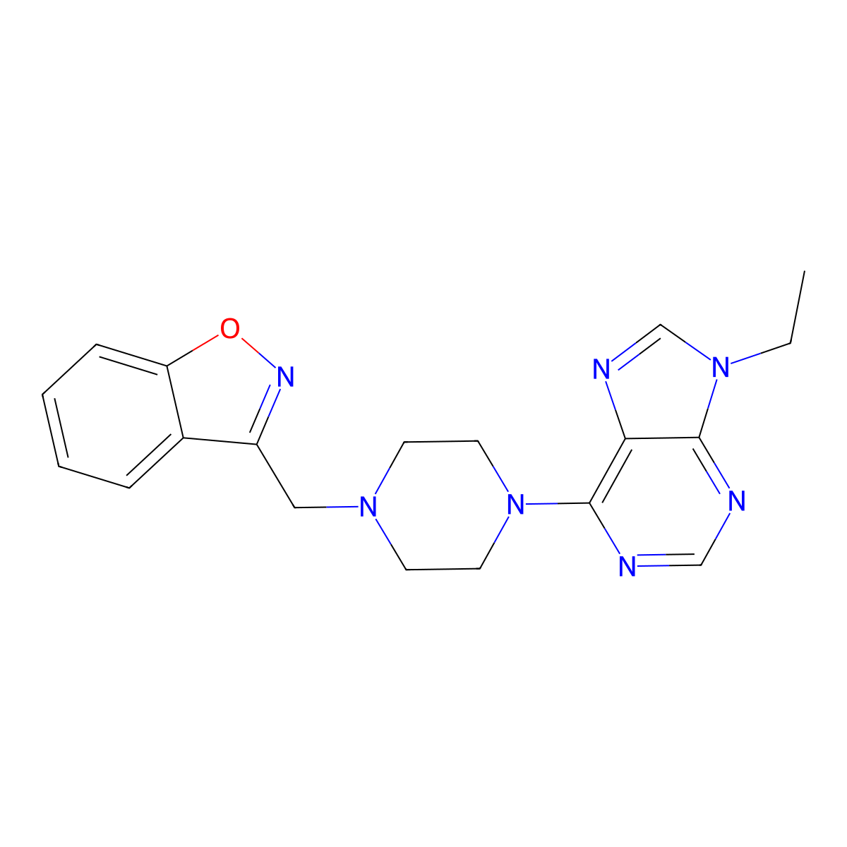 6-{4-[(1,2-benzoxazol-3-yl)methyl]piperazin-1-yl}-9-ethyl-9H-purine molecular structure, CAS 3030867-97-8