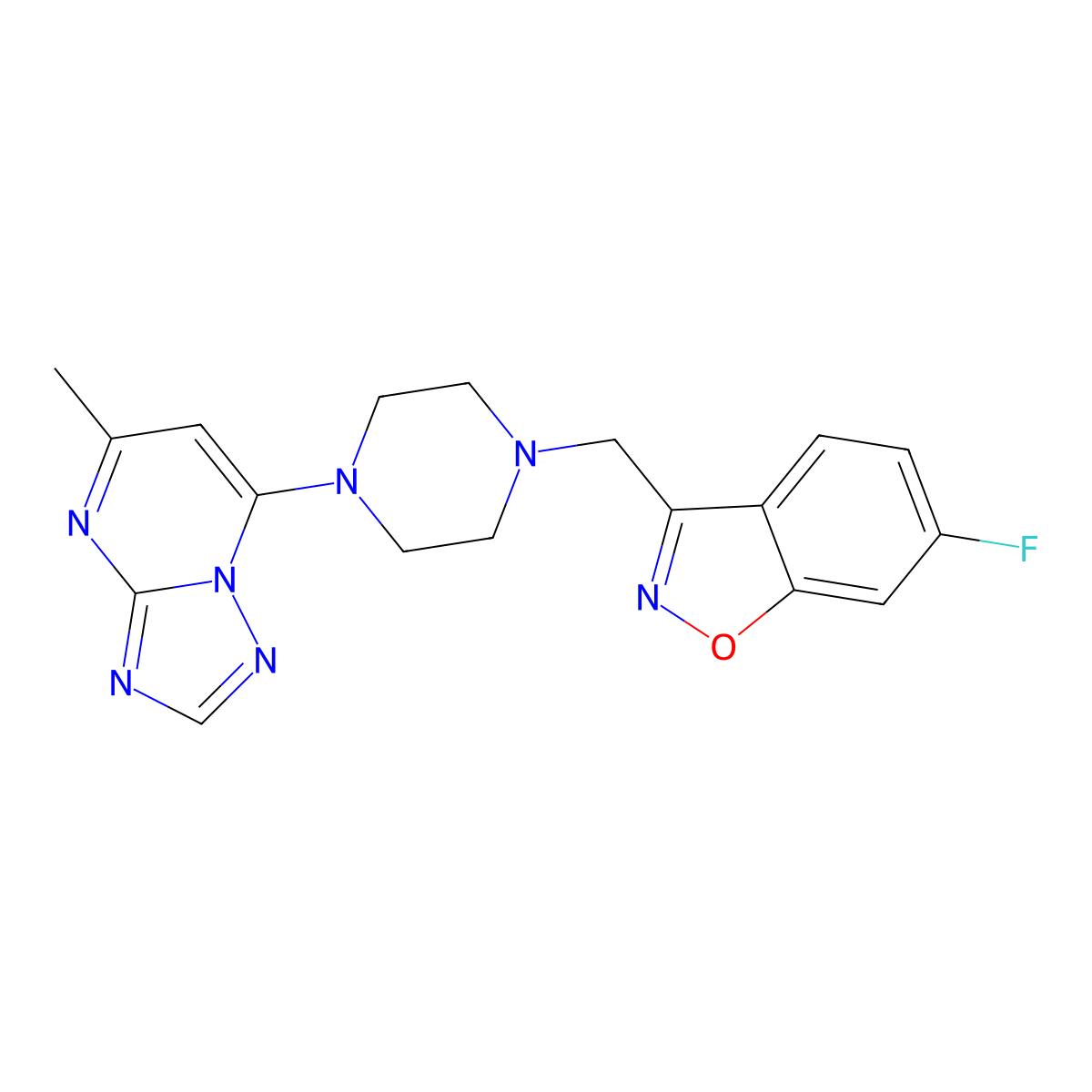 6-Fluoro-3-[(4-{5-methyl-[1,2,4]triazolo[1,5-a]pyrimidin-7-yl}piperazin-1-yl)methyl]-1,2-benzoxazole molecular structure, CAS 3030868-11-9