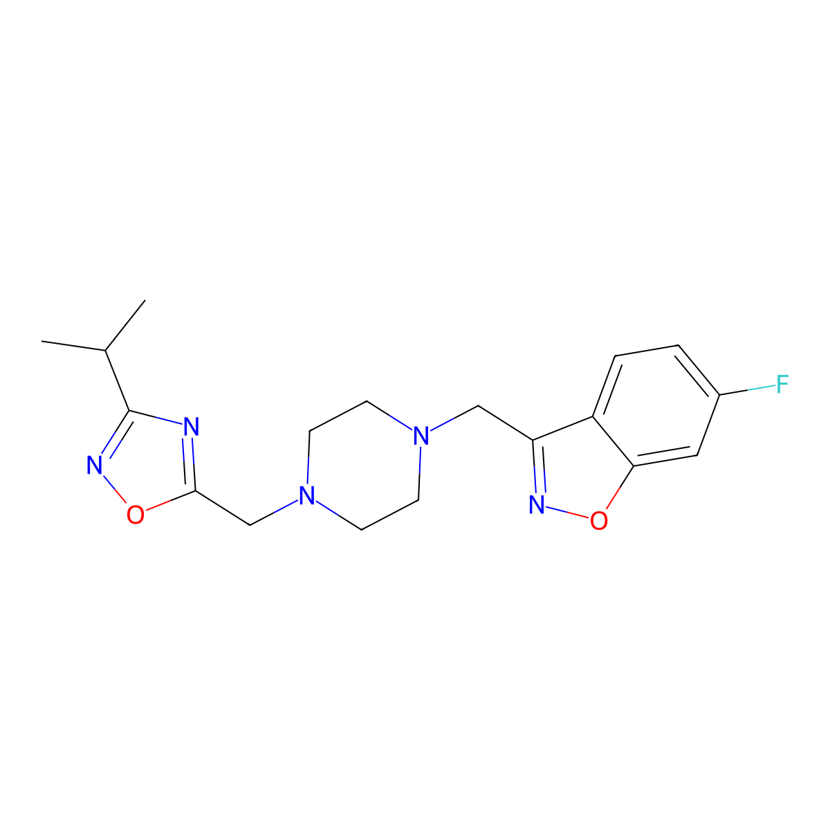 6-Fluoro-3-[(4-{[3-(propan-2-yl)-1,2,4-oxadiazol-5-yl]methyl}piperazin-1-yl)methyl]-1,2-benzoxazole molecular structure, CAS 3030868-26-6
