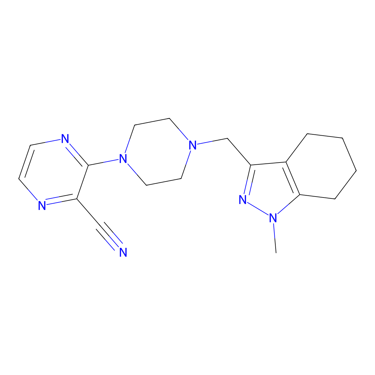 3-{4-[(1-methyl-4,5,6,7-tetrahydro-1H-indazol-3-yl)methyl]piperazin-1-yl}pyrazine-2-carbonitrile molecular structure, CAS 3030868-53-9