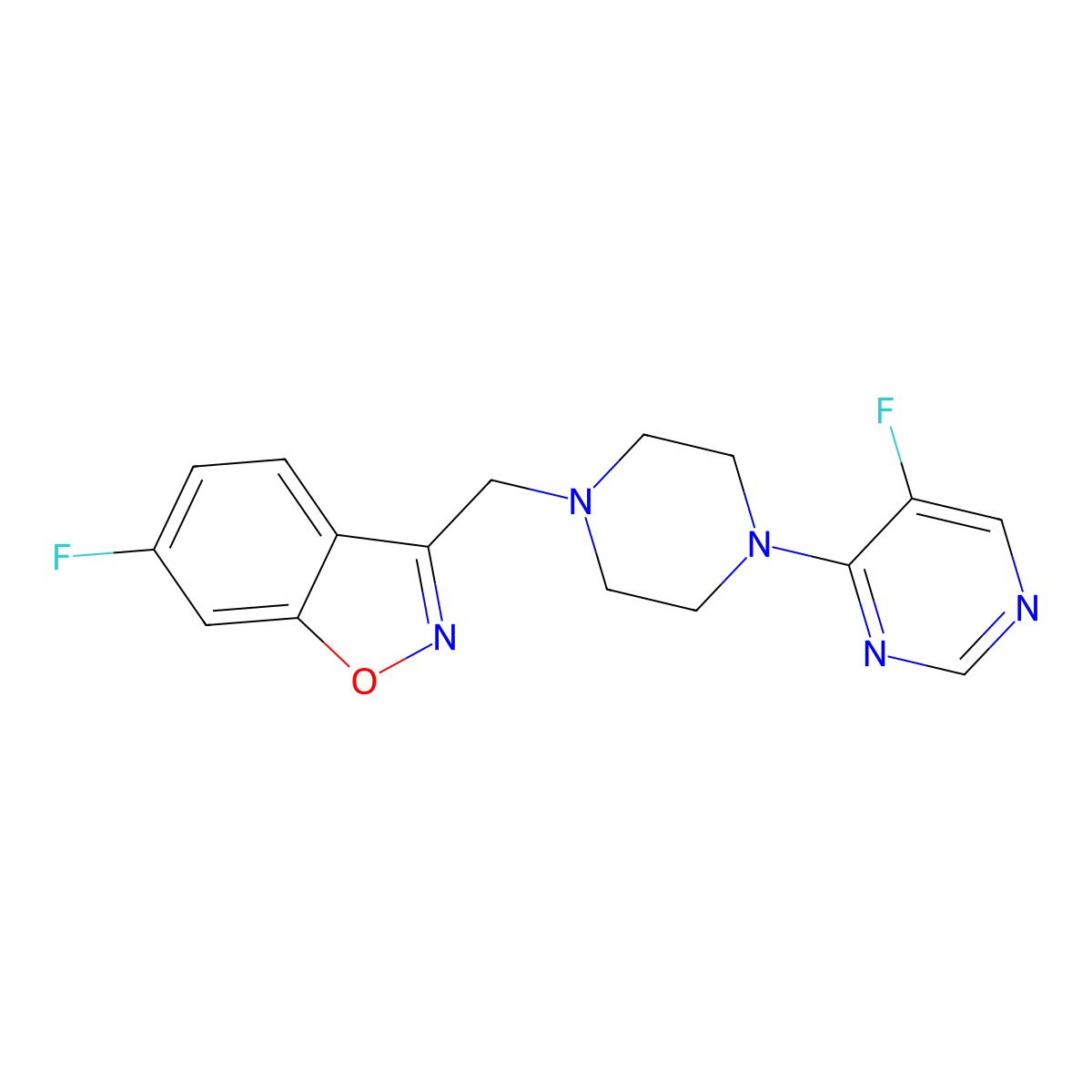 6-Fluoro-3-{[4-(5-fluoropyrimidin-4-yl)piperazin-1-yl]methyl}-1,2-benzoxazole molecular structure, CAS 3030868-57-3