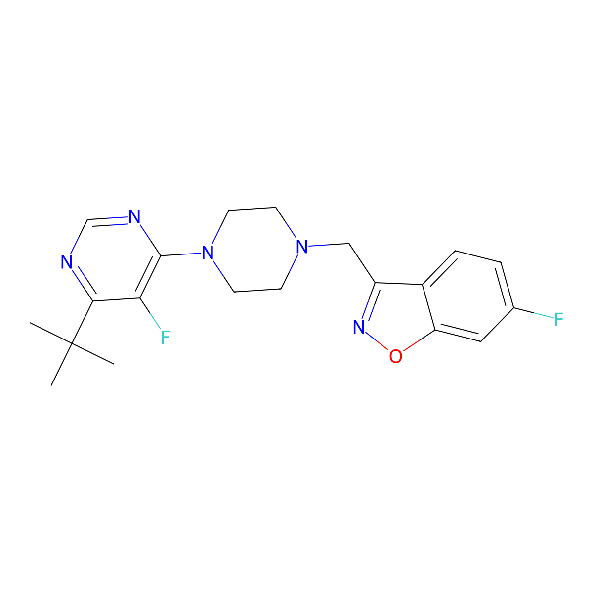 3-{[4-(6-Tert-butyl-5-fluoropyrimidin-4-yl)piperazin-1-yl]methyl}-6-fluoro-1,2-benzoxazole molecular structure, CAS 3030868-70-0
