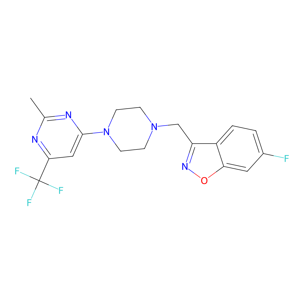 6-Fluoro-3-({4-[2-methyl-6-(trifluoromethyl)pyrimidin-4-yl]piperazin-1-yl}methyl)-1,2-benzoxazole molecular structure, CAS 3030868-75-5