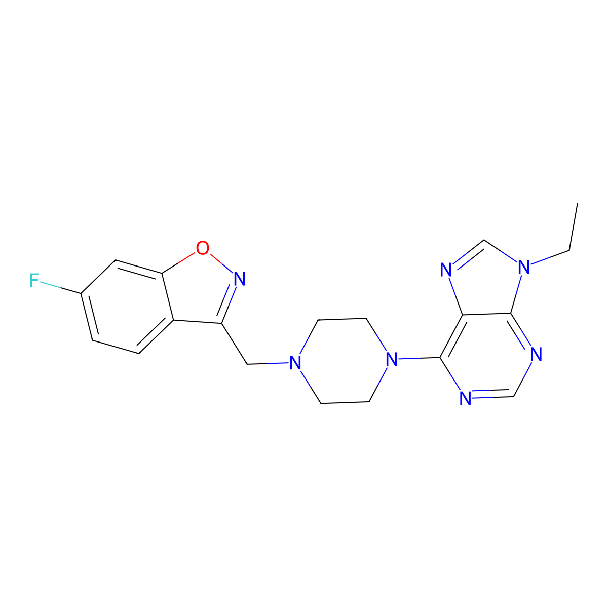 9-ethyl-6-{4-[(6-fluoro-1,2-benzoxazol-3-yl)methyl]piperazin-1-yl}-9H-purine molecular structure, CAS 3030868-82-4