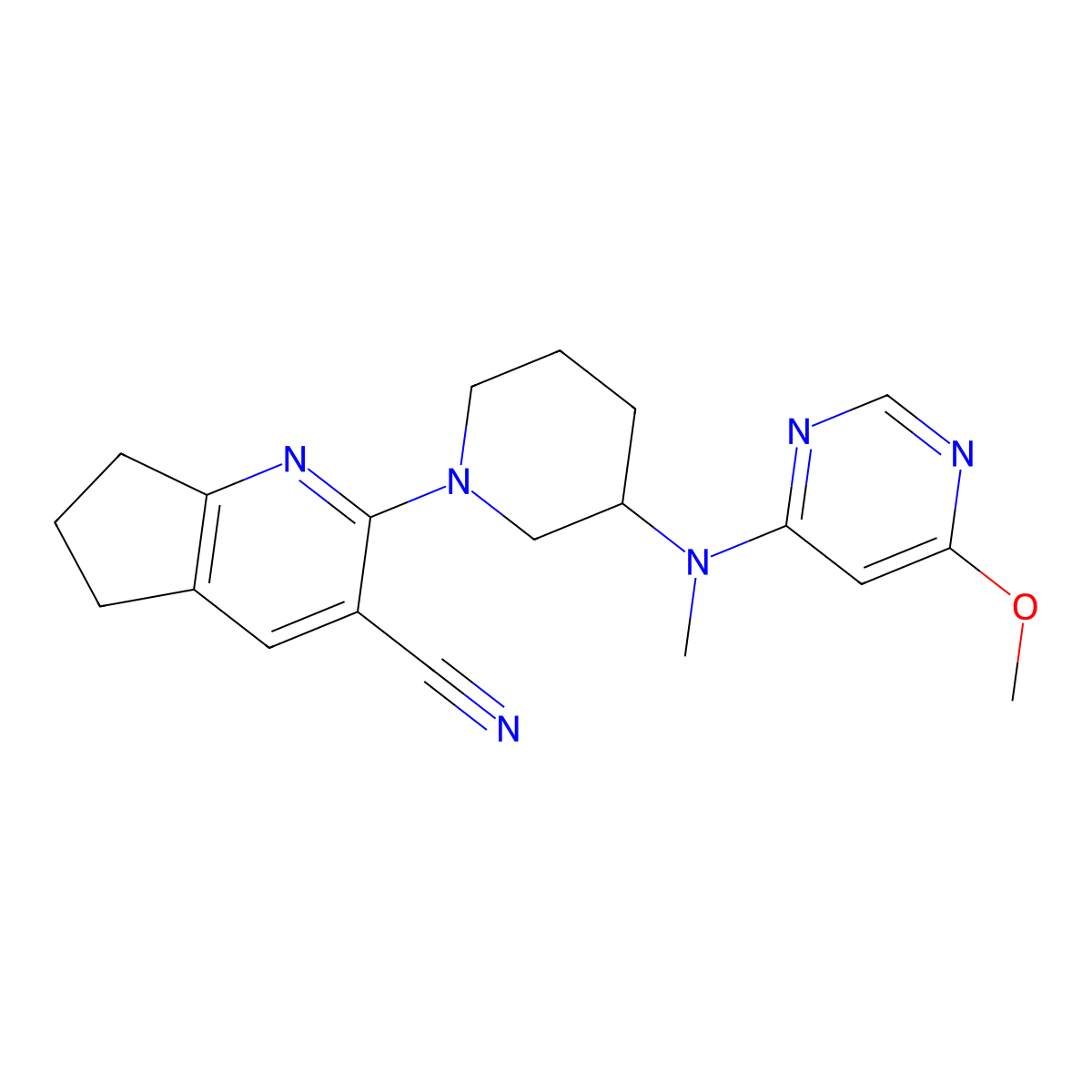 2-{3-[(6-methoxypyrimidin-4-yl)(methyl)amino]piperidin-1-yl}-5H,6H,7H-cyclopenta[b]pyridine-3-carbonitrile molecular structure, CAS 3030868-87-9