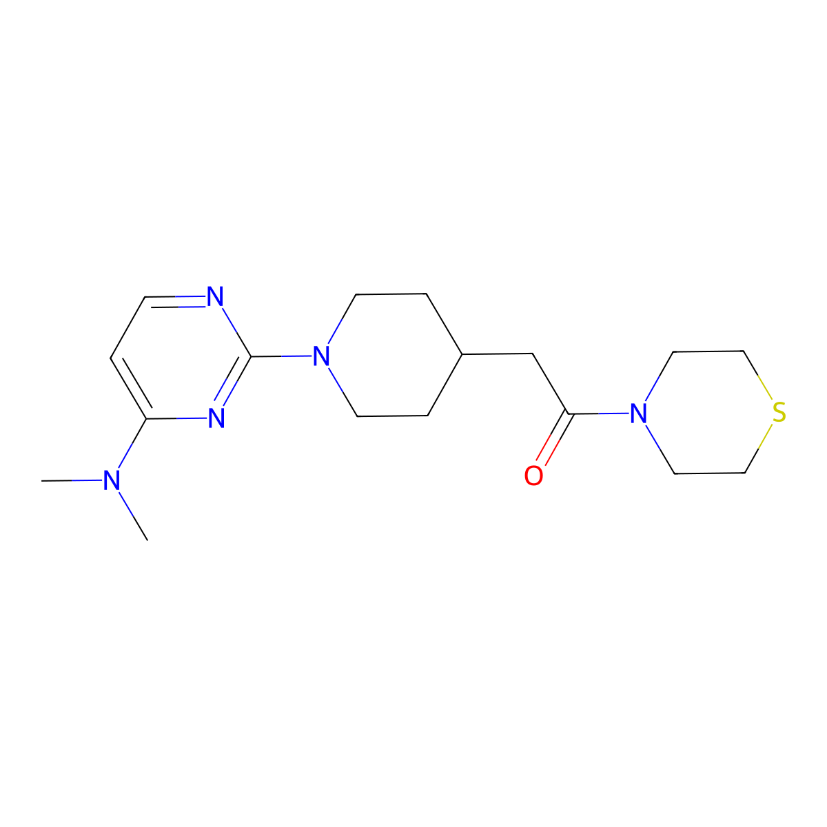 2-{1-[4-(Dimethylamino)pyrimidin-2-yl]piperidin-4-yl}-1-(thiomorpholin-4-yl)ethan-1-one molecular structure, CAS 3030868-88-0