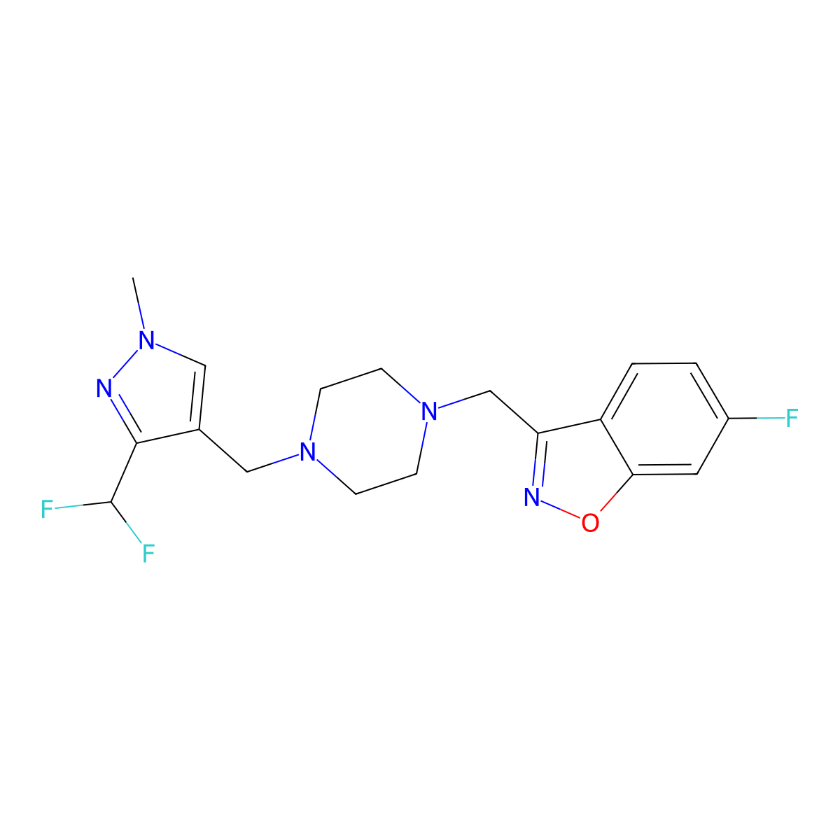 3-[(4-{[3-(difluoromethyl)-1-methyl-1H-pyrazol-4-yl]methyl}piperazin-1-yl)methyl]-6-fluoro-1,2-benzoxazole molecular structure, CAS 3030868-89-1