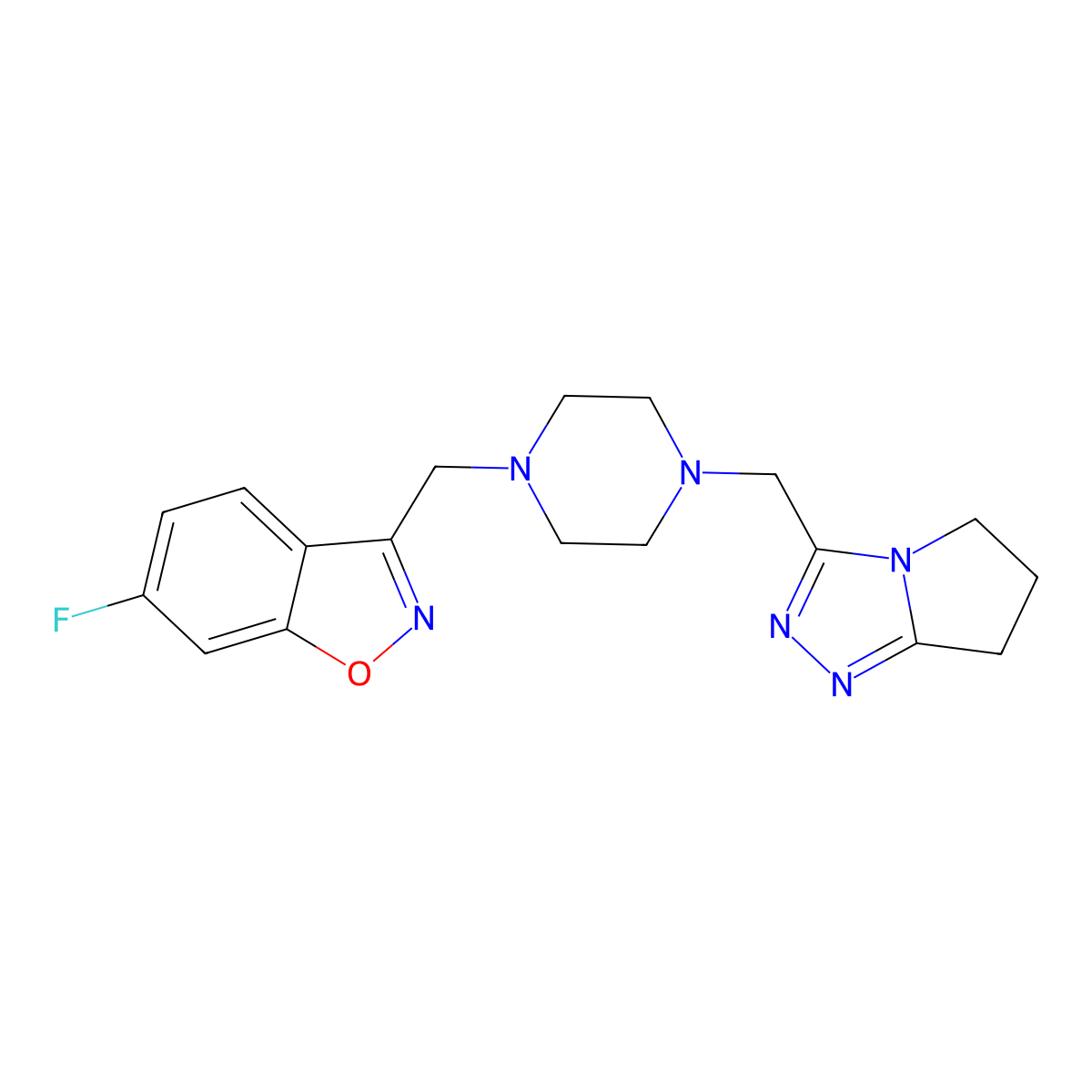 6-fluoro-3-{[4-({5H,6H,7H-pyrrolo[2,1-c][1,2,4]triazol-3-yl}methyl)piperazin-1-yl]methyl}-1,2-benzoxazole molecular structure, CAS 3030868-95-9
