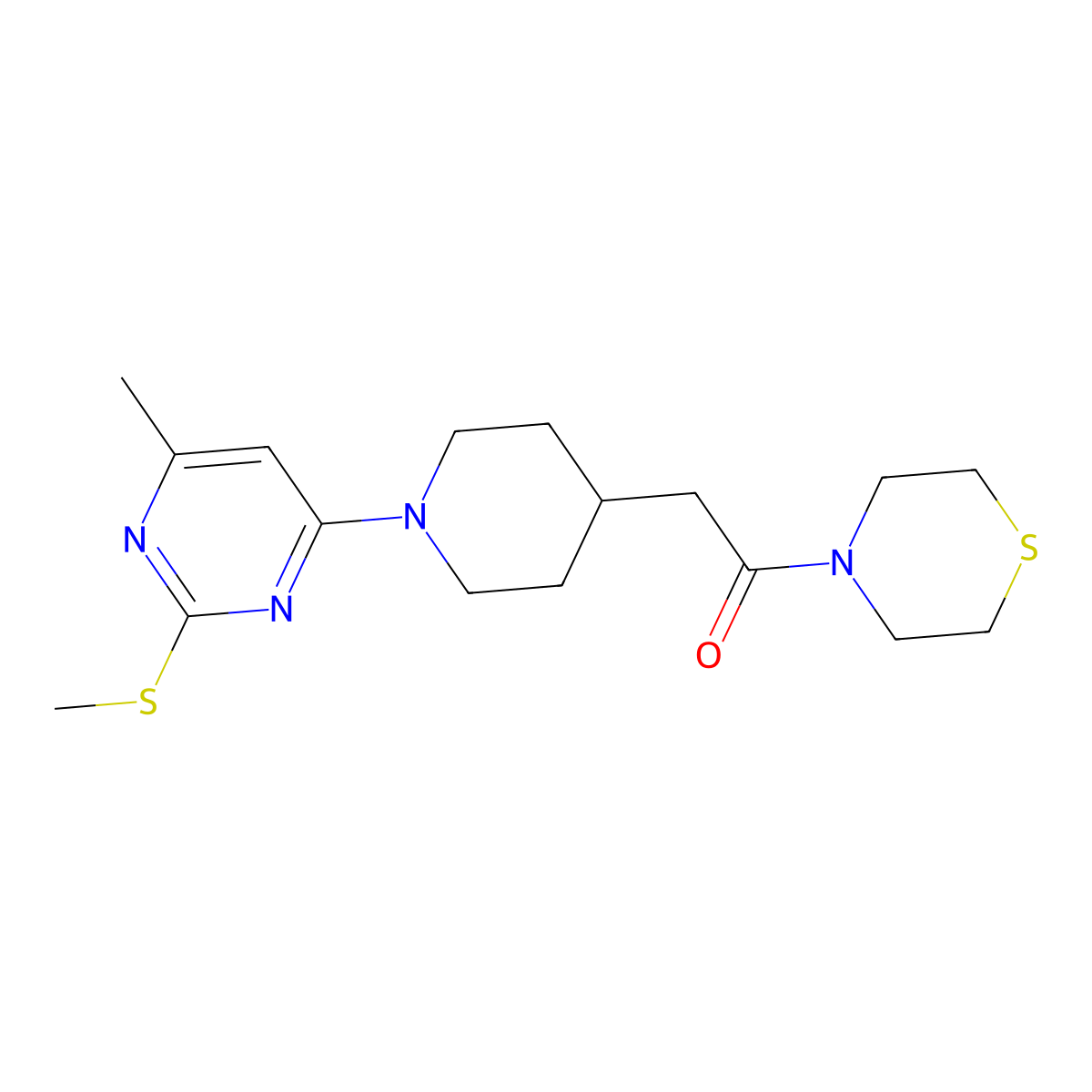 2-{1-[6-Methyl-2-(methylsulfanyl)pyrimidin-4-yl]piperidin-4-yl}-1-(thiomorpholin-4-yl)ethan-1-one molecular structure, CAS 3030869-20-3
