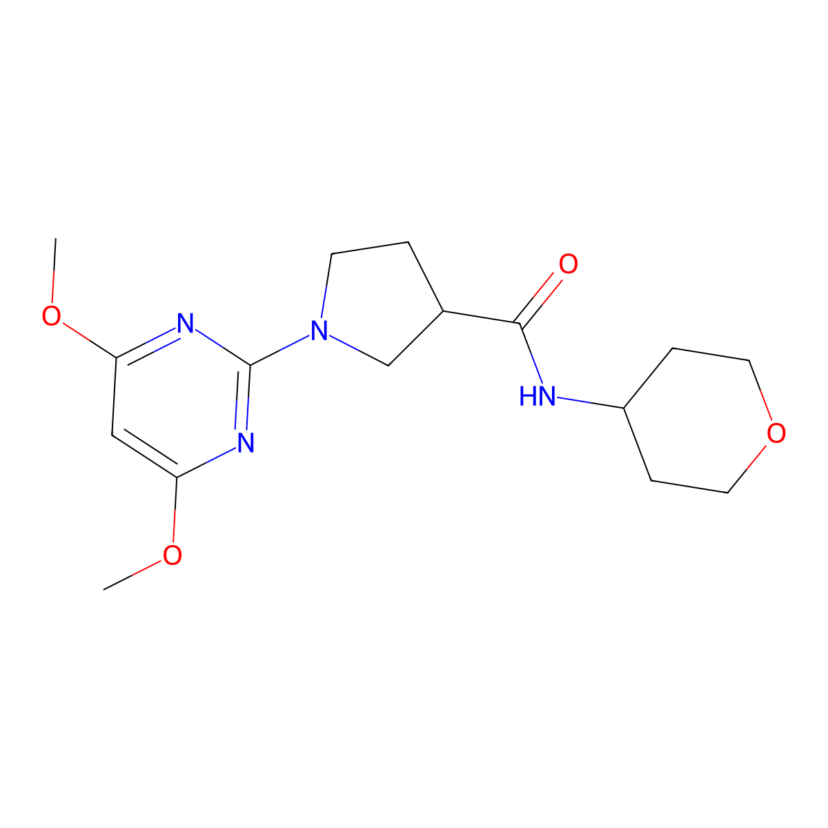 1-(4,6-dimethoxypyrimidin-2-yl)-N-(oxan-4-yl)pyrrolidine-3-carboxamide molecular structure, CAS 3030870-17-5