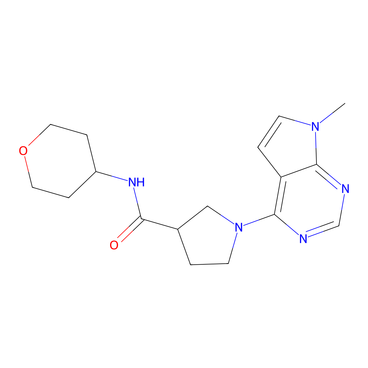 1-{7-methyl-7H-pyrrolo[2,3-d]pyrimidin-4-yl}-N-(oxan-4-yl)pyrrolidine-3-carboxamide molecular structure, CAS 3030870-45-9
